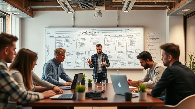A photorealistic, panoramic shot of a diverse group of entrepreneurs in a modern co-working space, some collaborating, others focused on laptops, with a whiteboard in the background displaying a complex funding roadmap. The scene exudes innovation and collaboration, illustrating various paths to startup success. Professional photography, 8K, cinematic lighting, sharp focus on the foreground interactions, depth of field, shot on a high-end DSLR.
