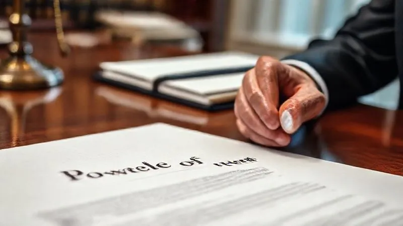 A photorealistic image of a legal document titled 'Durable Power of Attorney' with a pen, on a polished wooden desk, sharp focus on the document, depth of field blurring the background of a legal office