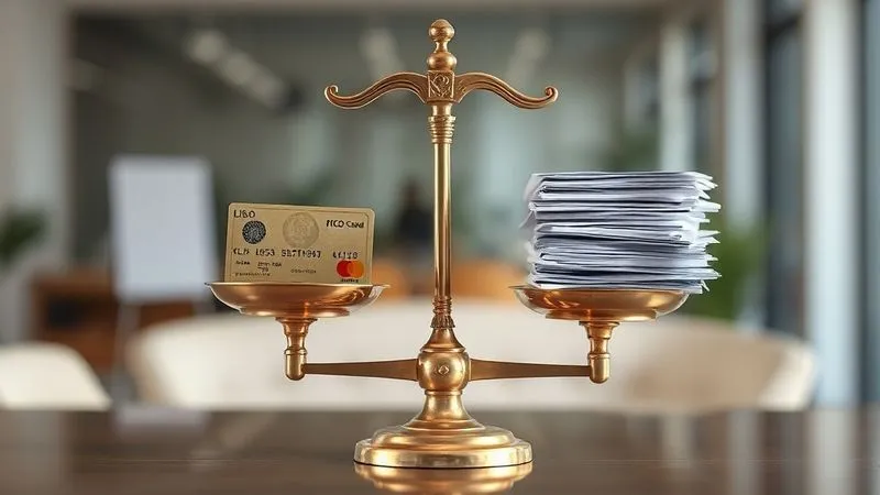 A photorealistic image of a vintage brass scale perfectly balanced. On one side, a small, worn credit card with a FICO score subtly visible. On the other side, a stack of financial documents like a profit & loss statement and a cash flow report. Cinematic lighting, sharp focus on the scale, depth of field blurring a background of a modern office, 8K hyper-detailed, shot on a high-end DSLR.