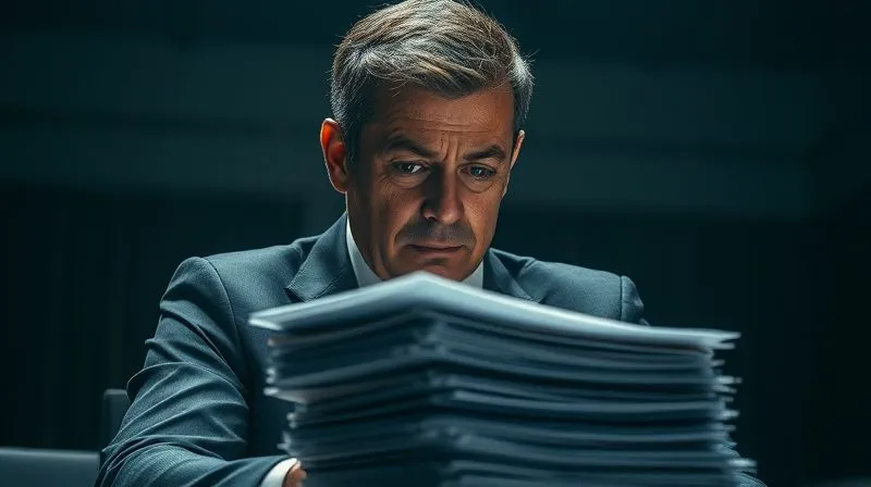 A photorealistic image depicting a business executive with a worried expression, looking at a stack of legal documents under dramatic, low-key lighting, symbolizing stress and urgency. Professional photography, 8K, cinematic lighting, sharp focus, depth of field, shot on a high-end DSLR.