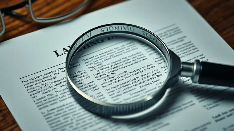 A photorealistic image of a complex legal document with a magnifying glass hovering over dense fine print, highlighting the importance of attention to detail and avoiding pitfalls. Professional photography, 8K, cinematic lighting, sharp focus, depth of field, shot on a high-end DSLR.