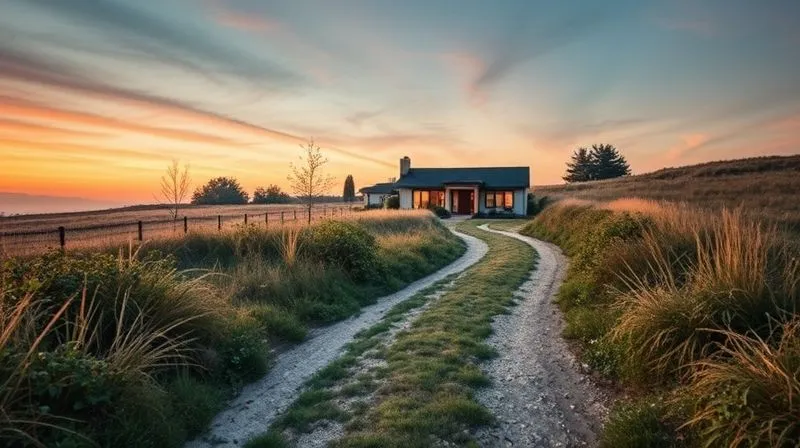Photorealistic, professional photography, 8K, cinematic lighting, sharp focus, depth of field, shot on a high-end DSLR. A fork in a winding, slightly overgrown path leading to a distant, modern house, under a sky suggesting dawn or dusk, symbolizing alternative routes and strategic choices when facing challenges in selling a home.