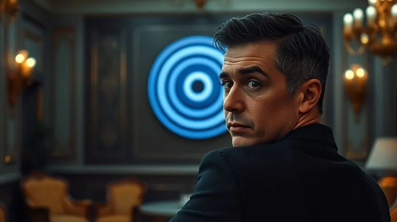 A person in an opulent setting, perhaps a grand living room, looking over their shoulder with a concerned expression, while a faint, glowing target symbol hovers subtly behind them. Photorealistic, professional photography, 8K, cinematic lighting, sharp focus, depth of field, shot on a high-end DSLR.