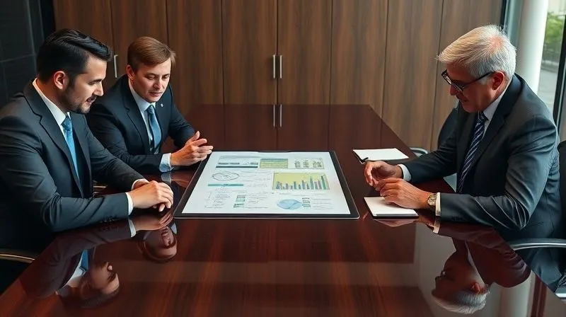 A diverse group of professionals (a lawyer in a suit, a financial advisor, an insurance agent, and a tax accountant) sitting around a polished conference table, collaborating intently on a complex financial and legal plan displayed on a tablet. They are gesturing and discussing, conveying synergy and expertise. Photorealistic, professional photography, 8K, cinematic lighting, sharp focus on the group, depth of field, shot on a high-end DSLR.