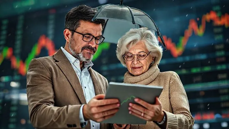 A photorealistic image of a financial advisor and a senior couple reviewing a tablet with financial charts, their expressions calm and confident, with a metaphoric protective dome over them against a stormy market background. Professional photography, 8K, cinematic lighting, sharp focus on the people and tablet, depth of field blurring the background, shot on a high-end DSLR.