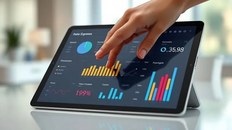 A photorealistic image of a sleek, modern financial dashboard on a tablet, displaying colorful charts and graphs for expense categories, with a hand hovering over the screen. The background is a clean, minimalist office setting with soft, diffused light, 8K hyper-detailed, professional photography, cinematic lighting, sharp focus on the tablet, depth of field blurring the background, shot on a high-end DSLR.