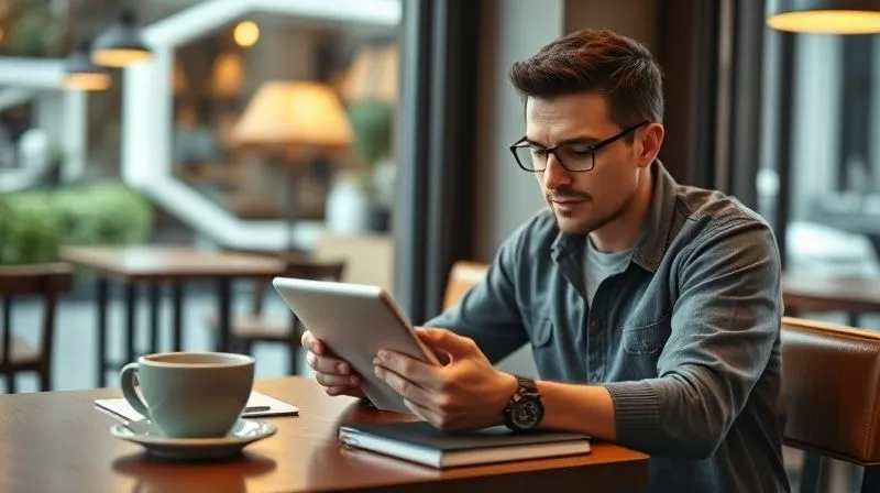 A photorealistic image of a person sitting at a coffee shop table, casually logging expenses on a tablet with a focused expression. A cup of coffee and a notebook are on the table. The lighting is soft and natural, emphasizing productivity and ease. 8K hyper-detailed, professional photography, cinematic lighting, sharp focus on the tablet and person, depth of field blurring the background, shot on a high-end DSLR.