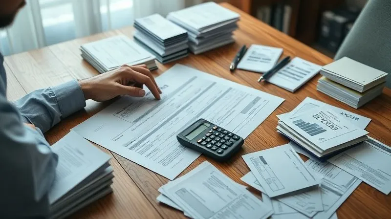 A photorealistic image of a person thoughtfully reviewing tax forms and a calculator on a well-lit wooden desk. Scattered around are neatly organized stacks of receipts and financial documents, suggesting careful preparation. The atmosphere is calm and focused, with cinematic lighting, sharp focus on the documents, and a subtle depth of field. 8K hyper-detailed, professional photography, shot on a high-end DSLR.