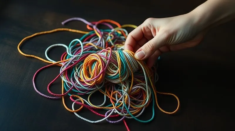 photorealistic, professional photography, 8K, cinematic lighting, sharp focus, depth of field, shot on a high-end DSLR, a complex, tangled knot of multicolored threads on a dark wooden table, with a single, strong hand carefully untangling one thread, leading to a clear, organized pile of threads, symbolizing financial clarity emerging from complexity.