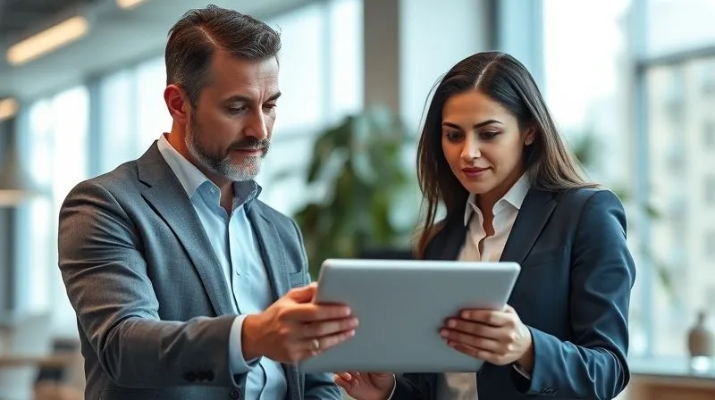 photorealistic, professional photography, 8K, cinematic lighting, sharp focus, depth of field, shot on a high-end DSLR, two professionals, one a financial advisor and the other a client, reviewing a simplified financial plan on a tablet, with a clear, calm expression on the client's face, symbolizing trust and expert guidance, in a modern, well-lit office environment.