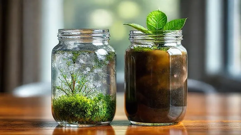 A photorealistic image showing two clear glass jars on a wooden table. One jar is filled with vibrant, healthy green moss and sparkling water, labeled 'Authentic Impact'. The other jar is murky with a single artificial green leaf floating on top, labeled 'Superficial Green'. Professional photography, 8K, cinematic lighting, sharp focus on the jars, depth of field blurring a background of natural light, shot on a high-end DSLR.