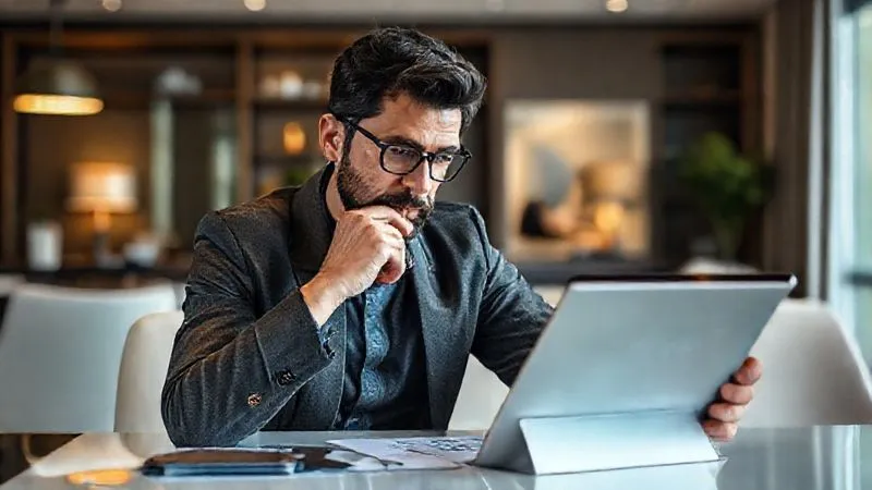 A photorealistic image of a thoughtful investor, a diverse person in their late 30s, sitting at a modern desk, gently tapping their chin while looking intently at a tablet displaying complex financial graphs and data, their expression conveying deep consideration and critical analysis. Professional photography, 8K, cinematic lighting, sharp focus on the person and tablet, depth of field blurring a background of a sophisticated home office, shot on a high-end DSLR.