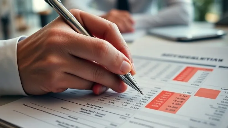 A photorealistic, close-up shot of a complex financial document with sections highlighted in red, indicating anomalies. A hand holds a pen, poised to make a critical note. The background is slightly blurred, suggesting a busy office environment. The lighting is crisp and analytical. 8K, professional photography, sharp focus, depth of field, shot on a high-end DSLR.
