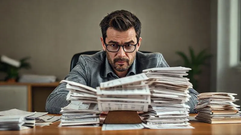 A photorealistic image of a person sitting at a desk, looking stressed while trying to balance multiple overflowing financial ledgers, representing the chaos of inconsistent income. Professional photography, 8K, cinematic lighting, sharp focus on the person's face and ledgers, depth of field blurring the background, shot on a high-end DSLR.