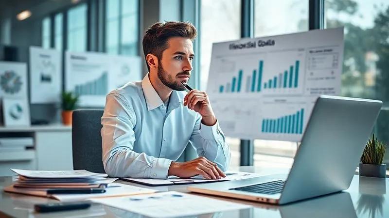 photorealistic, professional photography, 8K, cinematic lighting, sharp focus, depth of field, shot on a high-end DSLR, A focused professional (male) sits at a modern desk, surrounded by neatly organized financial documents and a laptop displaying a financial planning interface, his hand resting thoughtfully on a pen, looking towards a vision board with clear, aspirational financial goals, morning light streaming through a large window.