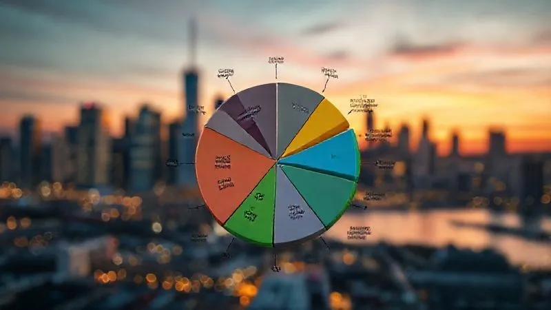photorealistic, professional photography, 8K, cinematic lighting, sharp focus, depth of field, shot on a high-end DSLR, A complex, vibrant pie chart representing a diversified investment portfolio, with different segments clearly showing stocks, bonds, real estate, and alternative investments, set against a blurred background of a modern city skyline at sunset, symbolizing balanced growth and stability.