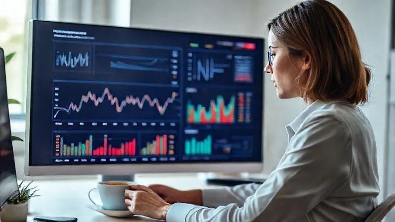 photorealistic, professional photography, 8K, cinematic lighting, sharp focus, depth of field, shot on a high-end DSLR, A calm and composed professional (female) meticulously reviewing a digital dashboard displaying investment performance charts and financial projections, with a cup of coffee nearby, in a minimalist, well-lit home office, symbolizing thoughtful and disciplined financial management.