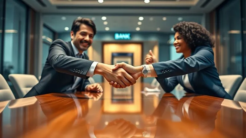 photorealistic, professional photography, 8K, cinematic lighting, sharp focus, depth of field, shot on a high-end DSLR, two diverse business professionals shaking hands firmly across a polished conference table, a sense of mutual trust and agreement in their expressions, with a blurred background of a modern, well-lit bank interior. The image conveys successful partnership, security, and a positive future for client relationships.