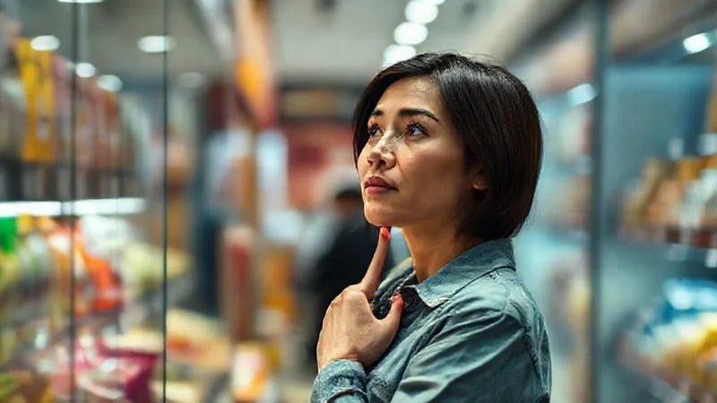 A photorealistic image of a person standing thoughtfully in front of a display of goods, their hand gently touching their chin, a subtle expression of consideration on their face. One side of the frame is slightly blurred, representing impulsive desires, while the other side is in sharp focus, showing a balanced weighing of options. Professional photography, 8K, cinematic lighting, sharp focus on the person's face and the decision-making process, depth of field, shot on a high-end DSLR.