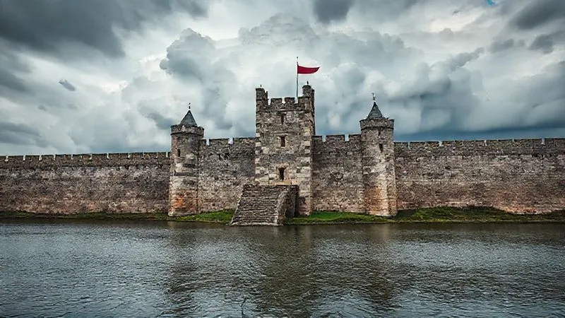 A photorealistic image of a strong, fortified castle wall, with a wide, clear moat surrounding it, symbolizing financial protection and security. In the distance, a storm cloud, representing financial challenges, is visible but held at bay by the strong defenses. Professional photography, 8K, cinematic lighting, sharp focus on the castle and moat, depth of field, shot on a high-end DSLR.