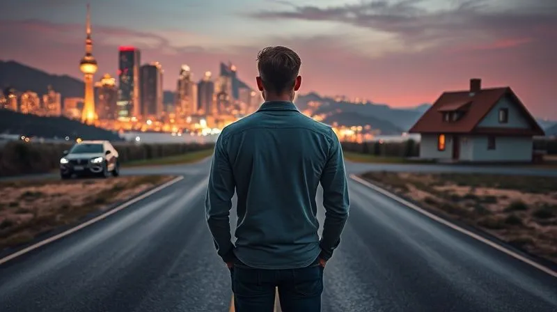 A photorealistic image of a person standing at a crossroads, one path leading towards a luxurious, brightly lit city skyline with expensive cars, the other towards a serene, minimalist landscape with a small, sturdy house. The person looks conflicted, with subtle emotional resonance of desire versus contentment. Cinematic lighting, 8K, sharp focus, depth of field.