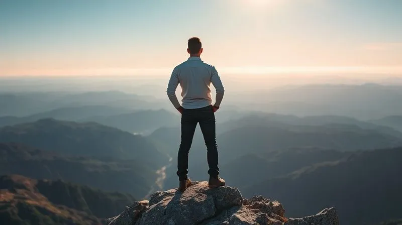A photorealistic image of a person standing on a mountain peak, looking out over a vast, clear landscape towards a distant, sunlit horizon. Their posture is confident and serene, embodying a sense of long-term vision and accomplishment. Cinematic lighting, sharp focus on the person, depth of field blurring the distant mountains. 8K hyper-detailed.