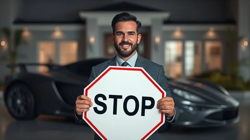 A photorealistic image of a professional standing confidently, holding a 'STOP' sign in front of a blurred background of luxury items like a sports car and a large house. The expression is determined but calm. Professional photography, 8K, cinematic lighting, sharp focus on the person and sign, depth of field blurring the background, shot on a high-end DSLR.