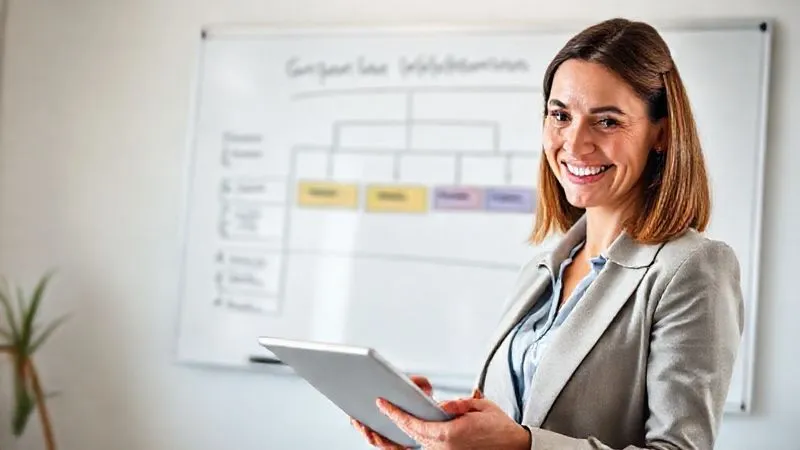 A photorealistic image of a professional woman (Sarah, mid-30s, consultant attire) smiling confidently while looking at a tablet displaying categorized financial data. In the background, a whiteboard shows a neat flow chart of 'Expense Categorization Strategy' with different colored sections for 'Travel', 'Home Office', 'Software'. The scene is brightly lit, showcasing clarity and organization. 8K, cinematic lighting, sharp focus, depth of field, professional photography, shot on a high-end DSLR.