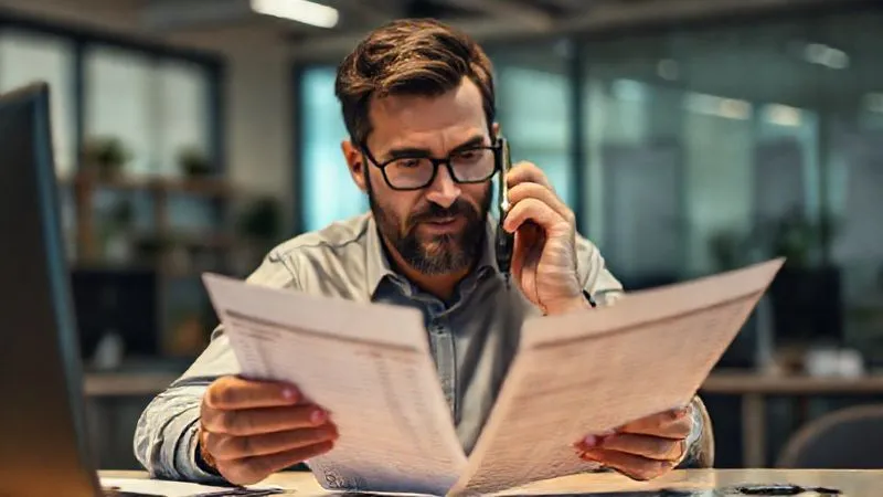 A photorealistic, professional photography, 8K, cinematic lighting, sharp focus, depth of field shot of a determined small business owner on the phone, looking at a spreadsheet of overdue invoices. The background is a slightly blurred modern office environment, conveying urgency and focused effort. No text or logos.
