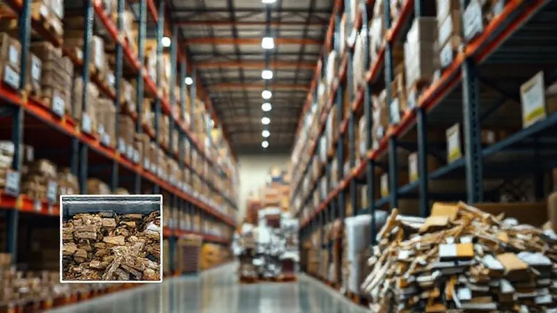 A photorealistic, professional photography, 8K, cinematic lighting, sharp focus, depth of field shot of a well-organized, clean warehouse with clearly labeled shelves and minimal excess stock. In contrast, a small section shows a cluttered, disorganized pile of old inventory. The image conveys the benefits of inventory optimization. No text or logos.