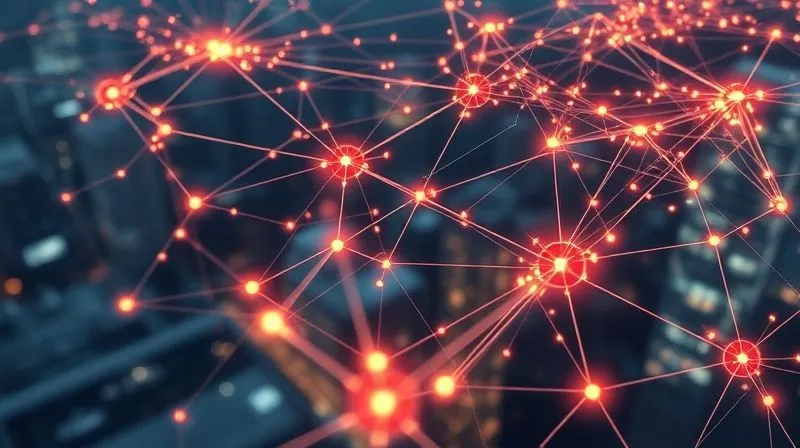 A photorealistic, professional photography image from a high angle showing a glowing, intricate network diagram of interconnected financial transactions and data points, with some nodes highlighted in red, signifying fraudulent activity. The network is complex and sprawling, symbolizing the global reach of financial crime. Cinematic lighting, sharp focus on the network, depth of field blurring a faint background of city lights, 8K hyper-detailed, shot on a high-end DSLR.