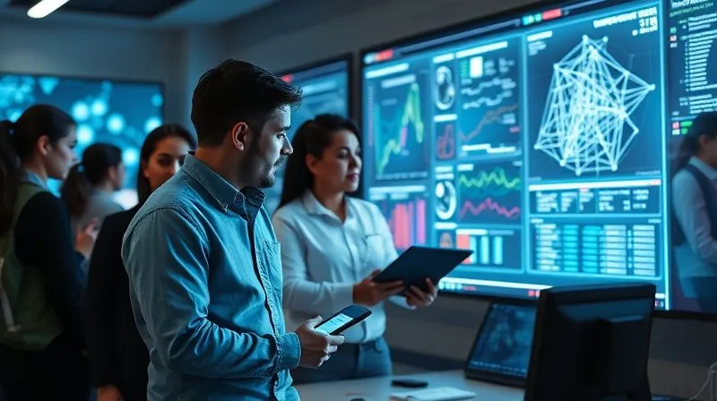 A photorealistic, professional photography image depicting a diverse team of financial fraud analysts collaborating around a large, interactive digital display showing complex AI-generated network graphs and data visualizations. One analyst points to a specific anomaly on the screen, while another reviews detailed AI-generated insights on a tablet. The setting is a modern, well-lit control room, emphasizing human oversight and collaboration with advanced technology. Cinematic lighting, sharp focus on the team and screens, depth of field blurring the background, 8K hyper-detailed, shot on a high-end DSLR.
