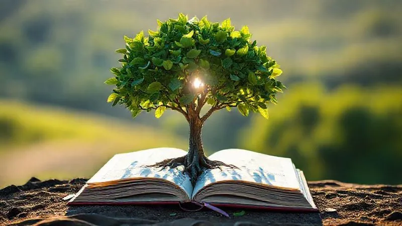 A photorealistic, professional photography, 8K, cinematic lighting, sharp focus, depth of field, shot on a high-end DSLR, showing a vibrant, flourishing tree with money leaves, its roots firmly planted in a stylized, open retirement savings account booklet. The sunlight filters through the leaves, casting long, soft shadows, symbolizing long-term growth and financial security. The background is a serene, blurred landscape, suggesting a peaceful and prosperous future, emphasizing the compounding effect of consistent contributions.