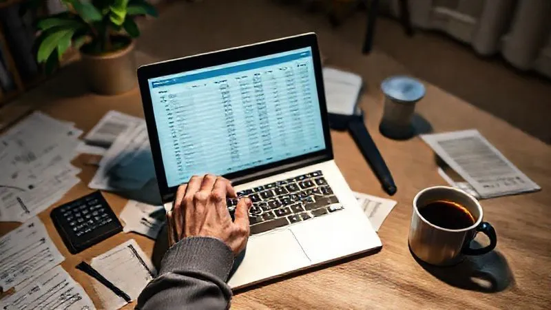 A photorealistic, professional photography, 8K, cinematic lighting, sharp focus, depth of field, shot on a high-end DSLR, showing a person's hands diligently inputting data into a laptop, with an open ledger or accounting software visible on the screen. Scattered around the laptop are neatly organized receipts, a calculator, and a cup of coffee. The lighting is soft and focused on the workspace, highlighting the precision and detail involved in expense tracking. The background is a clean, minimalist home office, conveying a sense of organized productivity and financial diligence.