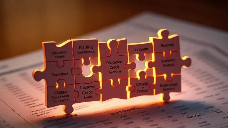 A photorealistic, professional photography, 8K, cinematic lighting, sharp focus, depth of field, shot on a high-end DSLR, showing various intricate financial puzzle pieces, each uniquely shaped and representing different tax credits (e.g., "Education Credit," "Child Tax Credit," "Saver's Credit"), being expertly fitted together to form a complete, cohesive picture of a balanced budget or a growing savings account. The pieces are glowing subtly, highlighting their importance in the overall financial strategy. The background is a softly blurred, warm-toned financial ledger or spreadsheet, emphasizing the precision and benefit of tax planning.