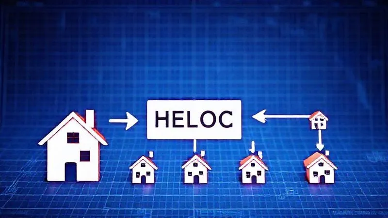 A photorealistic diagram illustrating the flow of funds from a primary residence (represented by a house icon) through a HELOC into multiple investment properties (represented by smaller house icons), with arrows indicating the revolving nature of the credit. The background is a blueprint-style grid, with a focus on financial planning. Professional photography, 8K, cinematic lighting, sharp focus, depth of field, shot on a high-end DSLR.