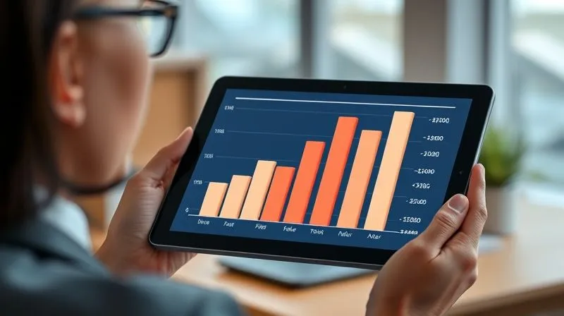 photorealistic, professional photography, 8K, cinematic lighting, sharp focus, depth of field, shot on a high-end DSLR. A detailed, illuminated 3D bar chart showing a stark comparison of spending categories 'before' and 'after' a significant income increase, with 'after' bars dramatically taller, visually representing 'lifestyle creep'. The chart is displayed on a minimalist, sleek tablet screen, held by a person in a professional setting, with a thoughtful expression. The background is a softly blurred office environment.