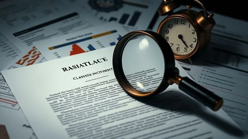 A photorealistic image of a complex legal document with a magnifying glass hovering over intricate clauses, surrounded by a scattered array of financial statements and a clock showing time ticking, all under dramatic, high-contrast cinematic lighting, 8K, sharp focus, depth of field, shot on a high-end DSLR.