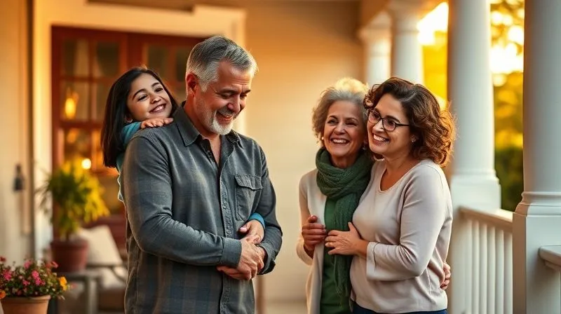 A photorealistic image of a diverse family (three adult children and parents) smiling and embracing gently on a sunlit porch, conveying peace, security, and generational harmony, set in a tastefully designed home, 8K, cinematic lighting, sharp focus, depth of field, shot on a high-end DSLR.