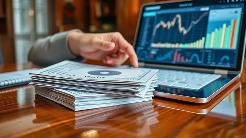 A photorealistic image showing a close-up of a diverse portfolio of financial documents and digital screens. On a polished wooden table, there's a stack of neatly organized CD certificates with different maturity dates, alongside a tablet displaying a complex wealth management dashboard with real-time analytics. A hand points to a specific maturity date on a certificate, symbolizing strategic planning. Cinematic lighting, sharp focus on the documents and tablet, depth of field blurring a luxurious office background. 8K hyper-detailed, professional photography.