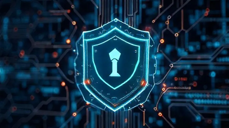 A photorealistic image of a complex digital shield made of interconnected hexagonal panels, with various labels like 'Data Breach', 'Business Interruption', 'Regulatory Fines', and 'IP Theft' appearing as glowing indicators on its surface. The shield is protecting a stylized, minimalist tech startup logo in the center. Cinematic lighting, sharp focus, depth of field blurring a background of abstract data streams, 8K hyper-detailed, professional photography. Shot on a high-end DSLR.
