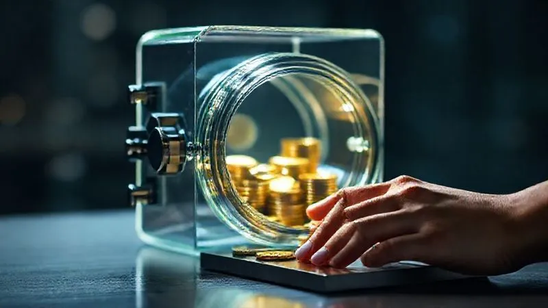 A photorealistic image of a clear, transparent glass vault holding glowing coins, with a hand placing a key on a ledger next to it. The vault symbolizes secure and accountable emergency funds. Cinematic lighting emphasizes clarity and trust, sharp focus on the vault and ledger, depth of field blurring the background, 8K hyper-detailed, professional photography, shot on a high-end DSLR.