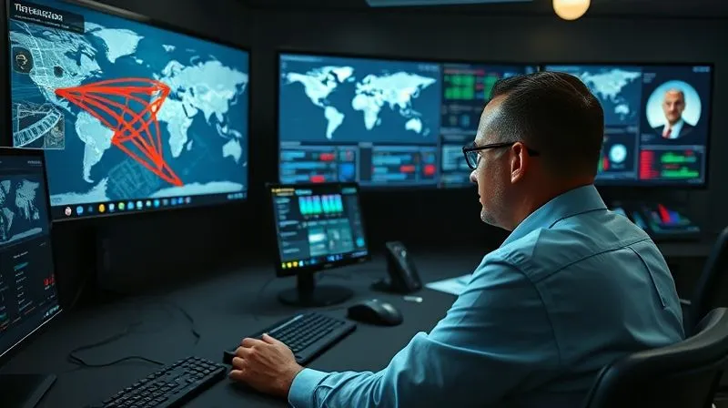 Photorealistic image of a sleek, modern control room with multiple screens displaying real-time data: a map with GPS tracking, live camera feeds, and cybersecurity threat dashboards. A security analyst is intently monitoring the screens, with a subtle reflection of an executive's profile on one screen. Cinematic lighting, sharp focus on the technology, depth of field blurring the background. 8K hyper-detailed, shot on a high-end DSLR.