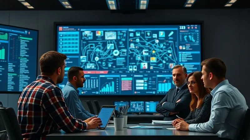 Photorealistic image of a diverse crisis management team gathered around a large digital display in a modern, well-lit command center. The screen shows a complex network of data points, news feeds, and communication channels. Team members are intently discussing and strategizing, with a sense of urgency but controlled focus. Cinematic lighting, sharp focus on the team, depth of field blurring the background elements. 8K hyper-detailed, shot on a high-end DSLR.