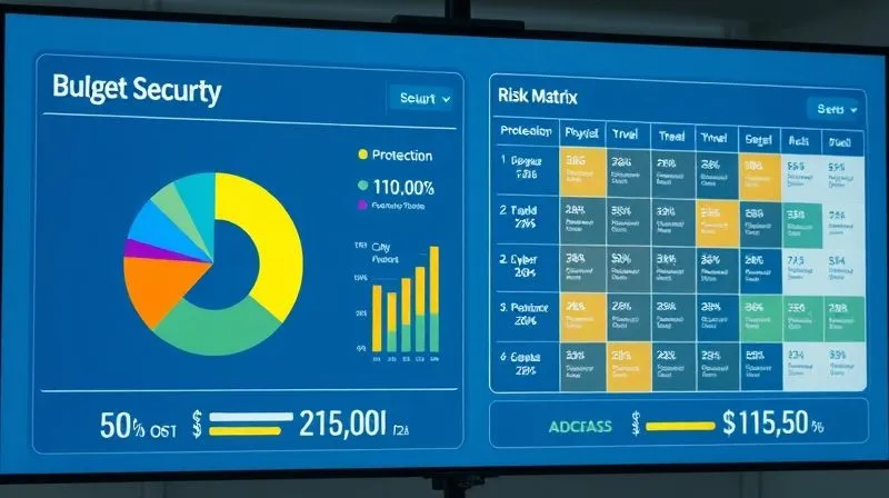Photorealistic image of a financial dashboard displaying a balanced budget for security, with pie charts showing allocation across different protection categories (e.g., physical, cyber, travel). On the other side of the screen, a risk matrix shows mitigated threats. The scene is clean, modern, and professional, with cinematic lighting and sharp focus on the data. 8K hyper-detailed, professional photography.