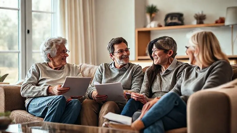 photorealistic, professional photography, 8K, cinematic lighting, sharp focus, depth of field, shot on a high-end DSLR. A diverse multi-generational family (grandparents, parents, adult children) sitting comfortably in a well-lit living room, engaged in a heartfelt, open discussion. They are making eye contact, some are smiling, some are listening intently, demonstrating genuine connection and shared understanding around a topic of importance. A warm, inviting atmosphere is conveyed through soft lighting and comfortable furnishings. No specific documents are visible, the focus is purely on the interaction and communication.