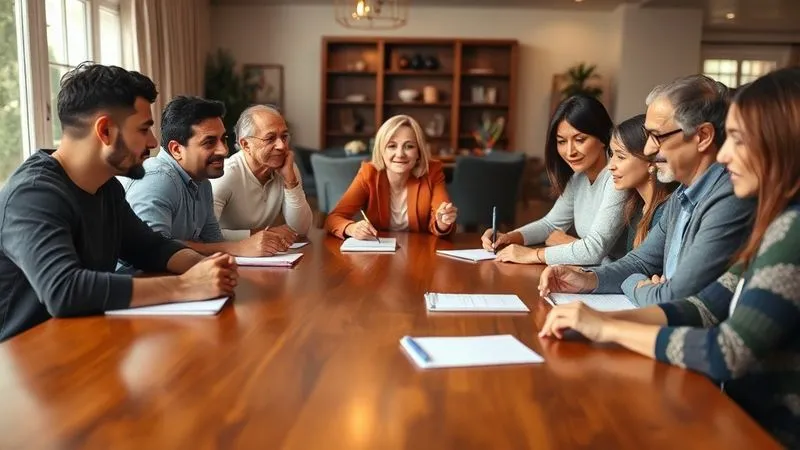 A diverse multi-generational family seated around a large polished wooden table in a sophisticated living room, engaged in an earnest, open discussion, with notebooks and pens, warm, inviting cinematic lighting, sharp focus on their expressions, depth of field blurring the background, 8K hyper-detailed, professional photography.