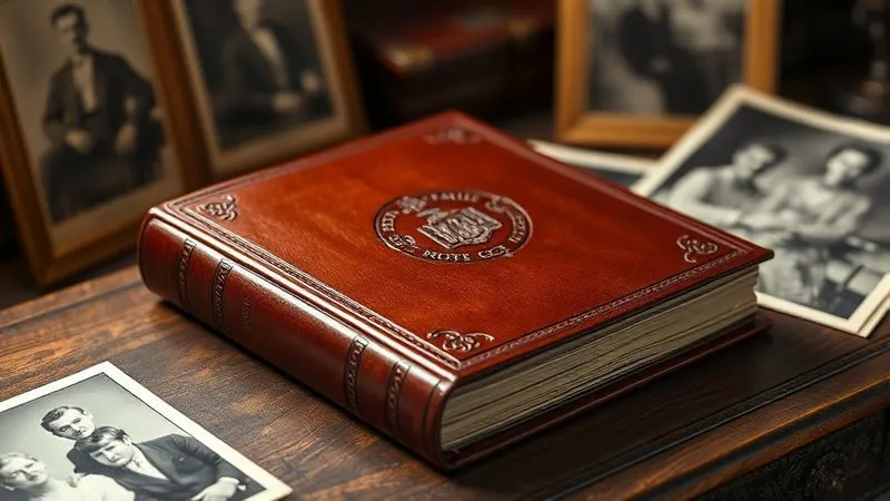 A beautifully designed, leather-bound book with a family crest embossed, resting on an antique wooden desk, surrounded by historical family photographs, symbolizing a family constitution. Professional photography, soft, warm light, sharp focus on the book, depth of field blurring the background, 8K hyper-detailed.