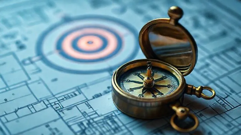 A photorealistic image of an antique brass compass lying on a blueprint, with its needle pointing towards a stylized, glowing target symbol in the distance. The compass is sharp focus, depth of field blurring the blueprint and target slightly. Cinematic lighting creates a sense of direction and purpose. 8K hyper-detailed, professional photography, shot on a high-end DSLR.