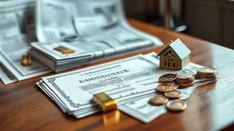 A photorealistic image of a diverse array of financial assets artfully arranged on a polished wooden desk. This includes stacks of stock certificates, a deed to a property, a small gold bar, and a few valuable antique coins. The items are sharply in focus, with a shallow depth of field blurring a financial newspaper in the background. Cinematic lighting highlights the textures of the assets. 8K hyper-detailed, professional photography, shot on a high-end DSLR.